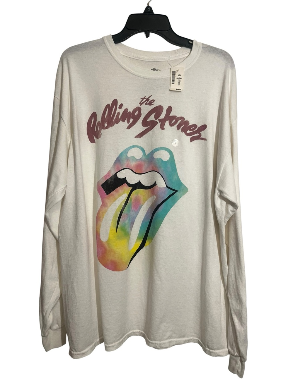 The Rolling Stones White Tee with Mauve Script and tie dye graphic